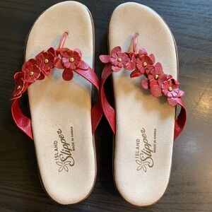 Island Slipper Hawaii Red‎ Leather Flower Thong Sandals Size 10 Hawaiian Casual